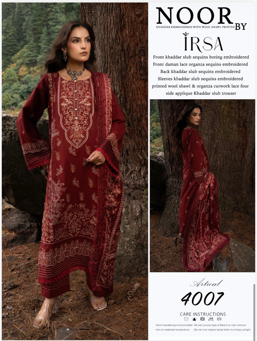KHADDAR EMBROIDERRD WITH WOOL SHANT PRINTED BY NOOR#4007