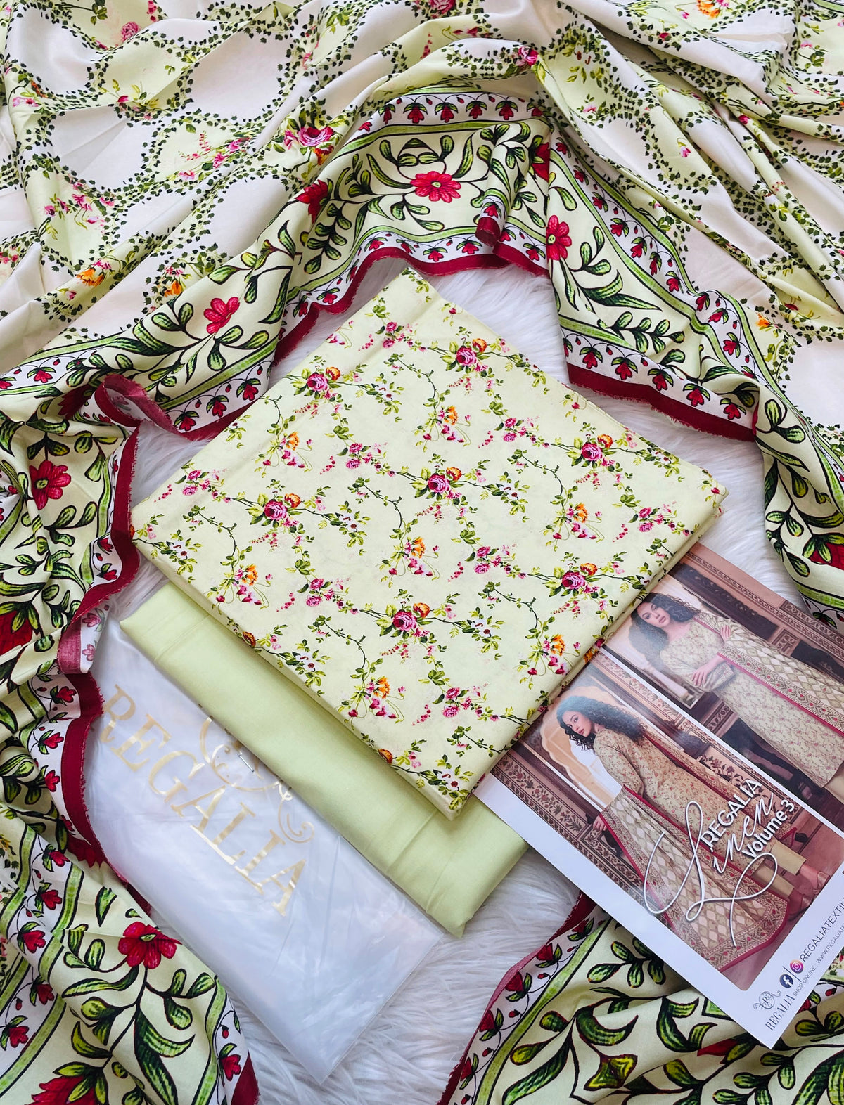REGALIA Printed Khaddar 3-Piece Suit with Printed Khaddar Shawl - Light Green