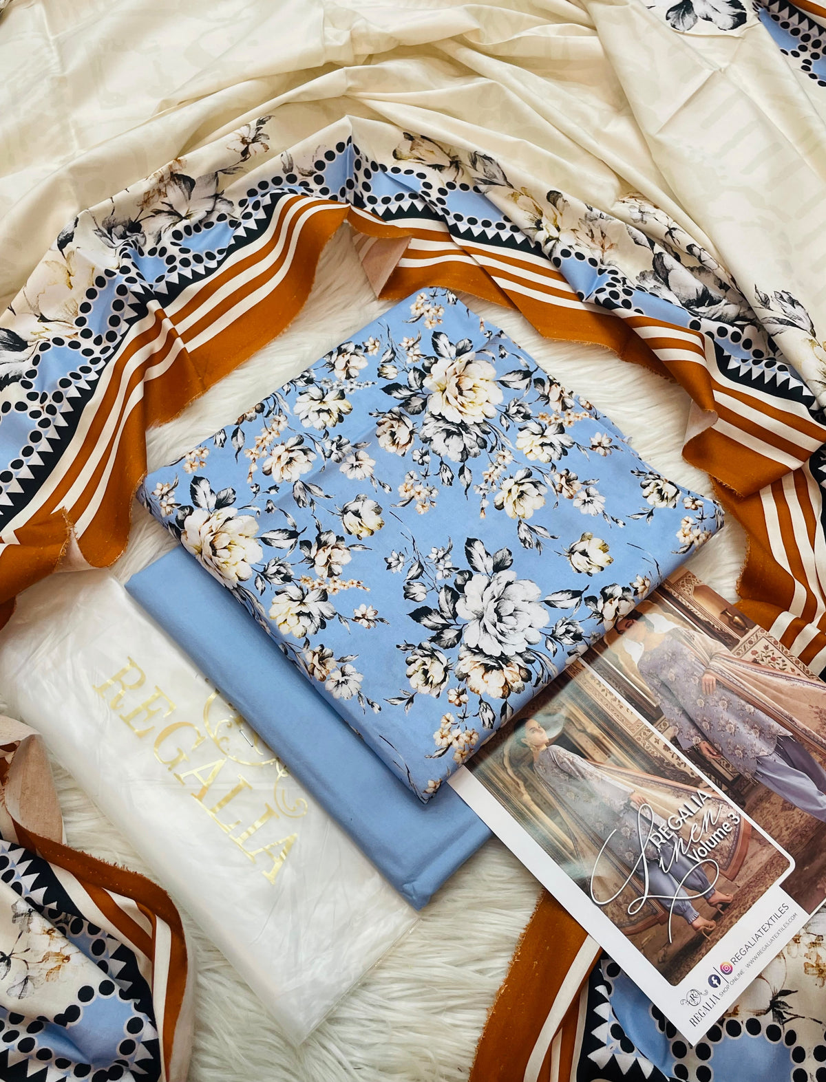Regalia Premium Printed Khaddar 3-Piece Suit with Printed Khaddar Shawl - Sky Blue & Mustard