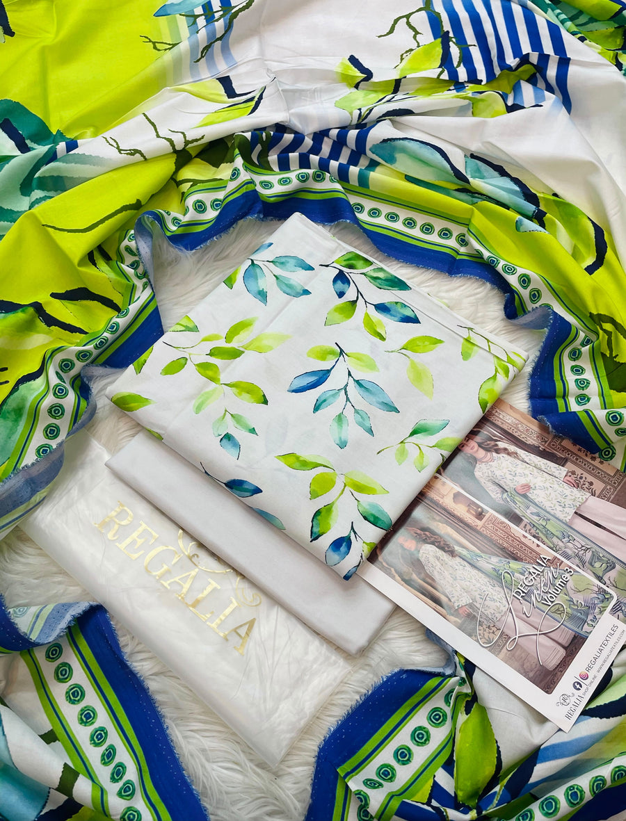 Regalia Premium Printed Khaddar 3-Piece Suit with Printed Khaddar Shawl - White & Lime Green