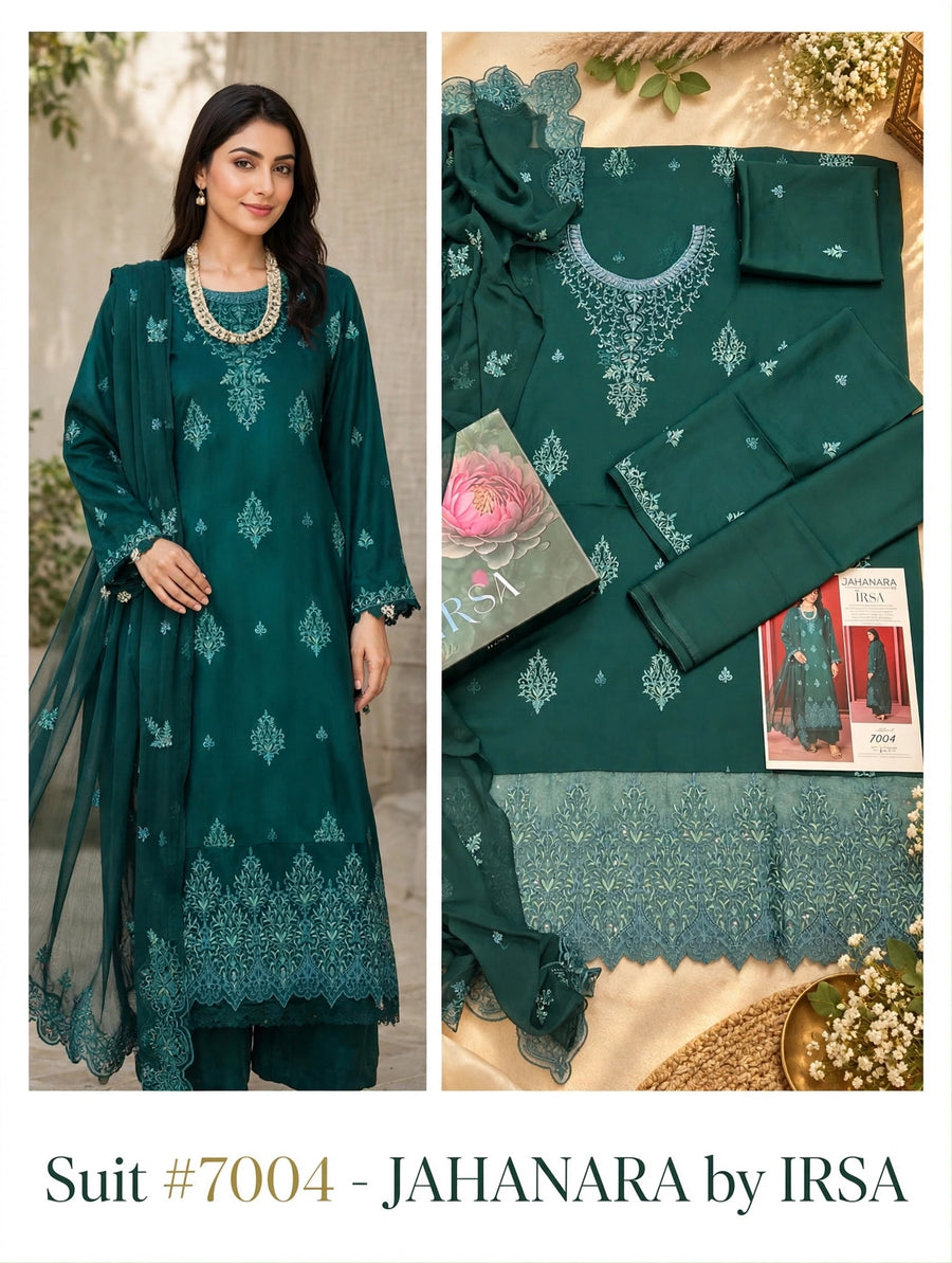 JAHANARA by IRSA | 7004 - Emerald Green Embroidered Viscose 3-Pc Suit
