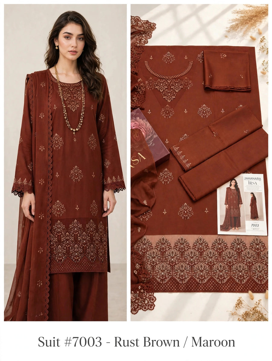 JAHANARA by IRSA | 7003 - Rustic Maroon Embroidered Viscose 3-Pc Suit