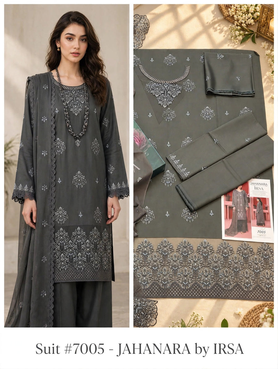 JAHANARA by IRSA | 7005 - Charcoal Grey Embroidered Viscose 3-Pc Suit