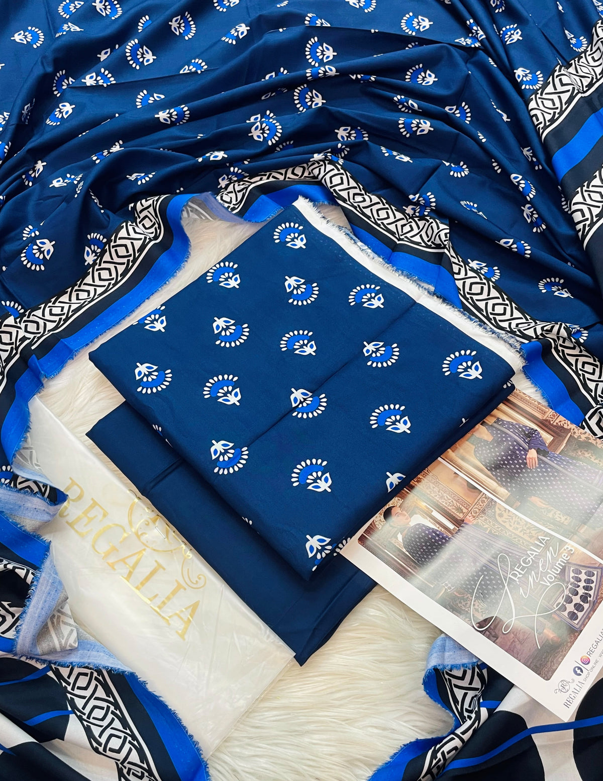 Regalia Premium Printed Khaddar 3-Piece Suit with Printed Khaddar Shawl - Royal Navy Blue
