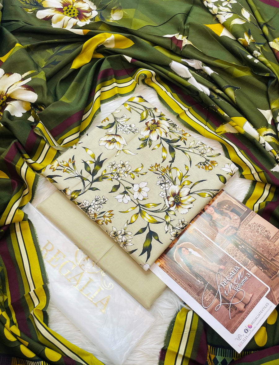 Printed Khaddar 3-Piece Suit with Printed Khaddar Shawl - Olive Green