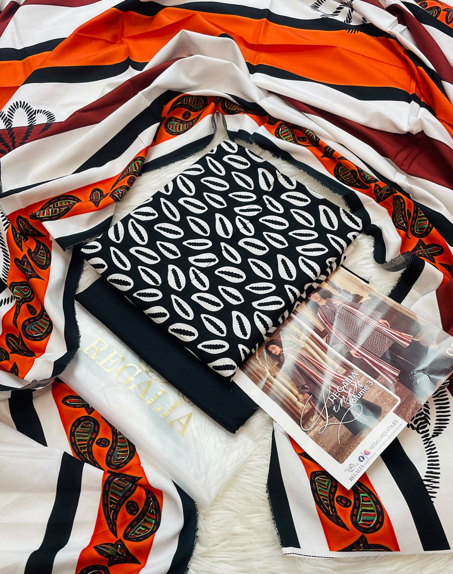 Regalia Premium Printed Khaddar 3-Piece Suit with Printed Khaddar Shawl - Black & Rust Orange