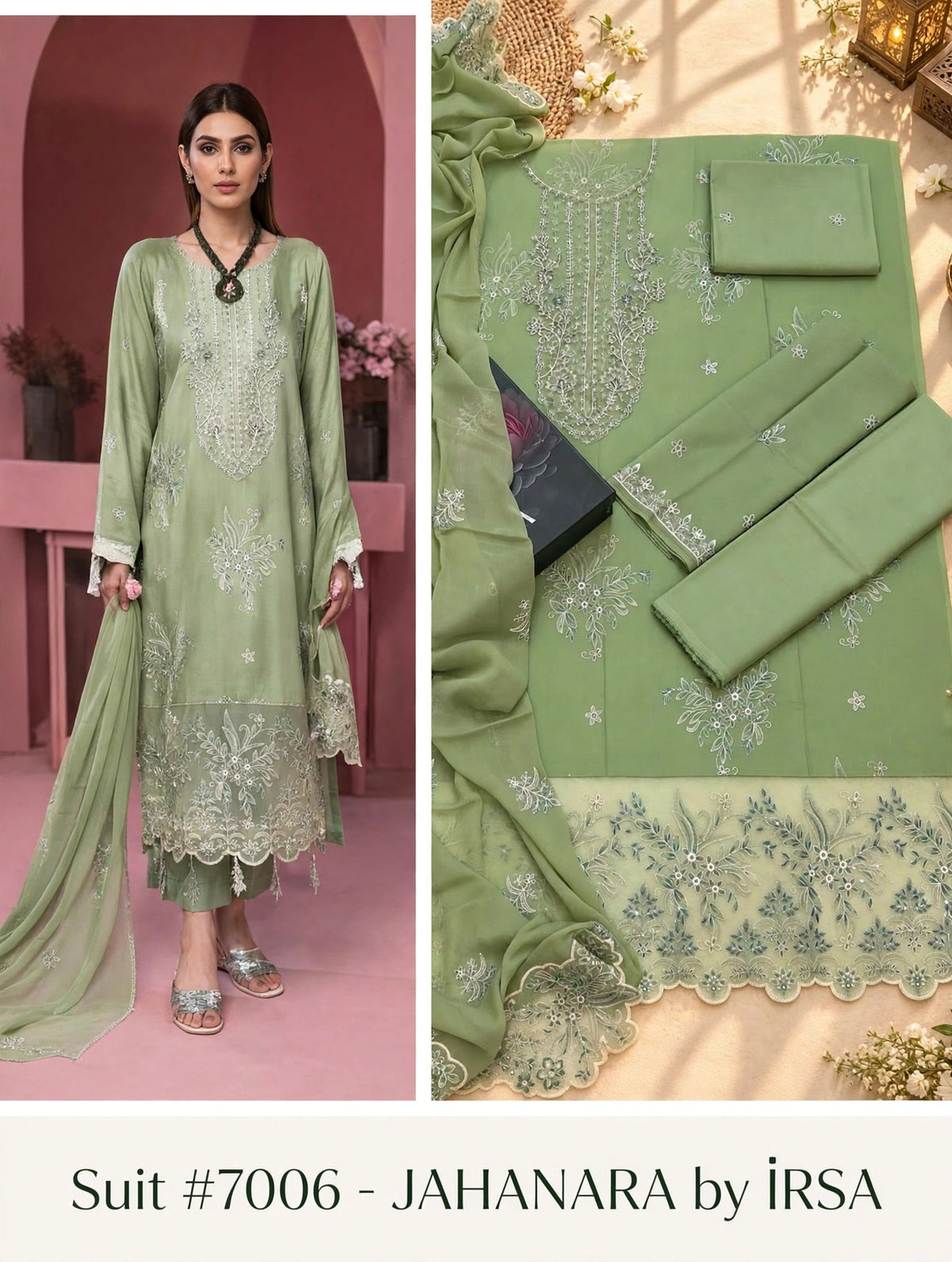 JAHANARA by IRSA | 7006 - Pista Green Embroidered Viscose 3-Pc Suit