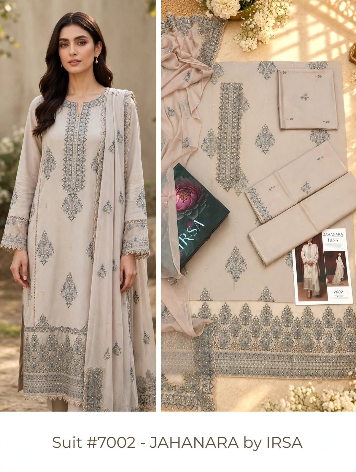 JAHANARA by IRSA | 7002 - Stone Beige Embroidered Viscose 3-Pc Suit