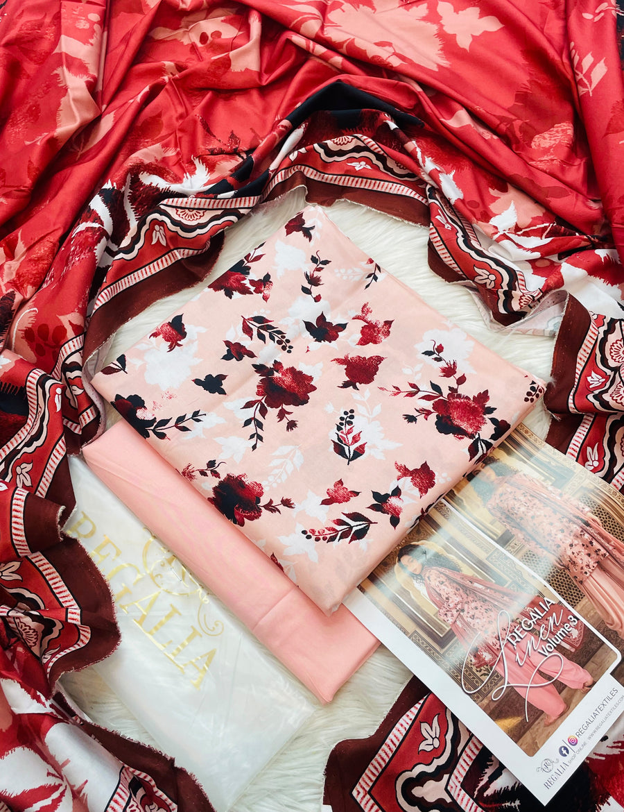 Printed Khaddar 3-Piece Suit with Printed Khaddar Shawl - Peach & Red
