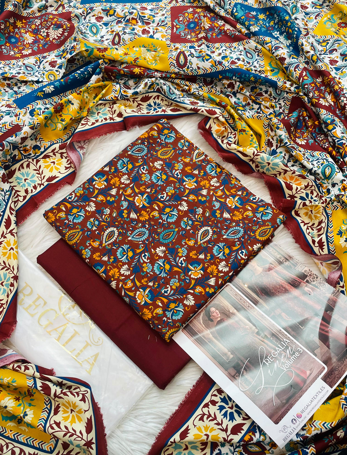 Printed Khaddar 3-Piece Suit with Printed Khaddar Shawl - Maroon & Mustard
