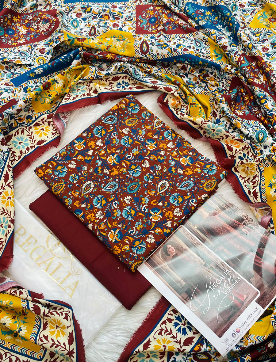 Printed Khaddar 3-Piece Suit with Printed Khaddar Shawl - Maroon & Mustard